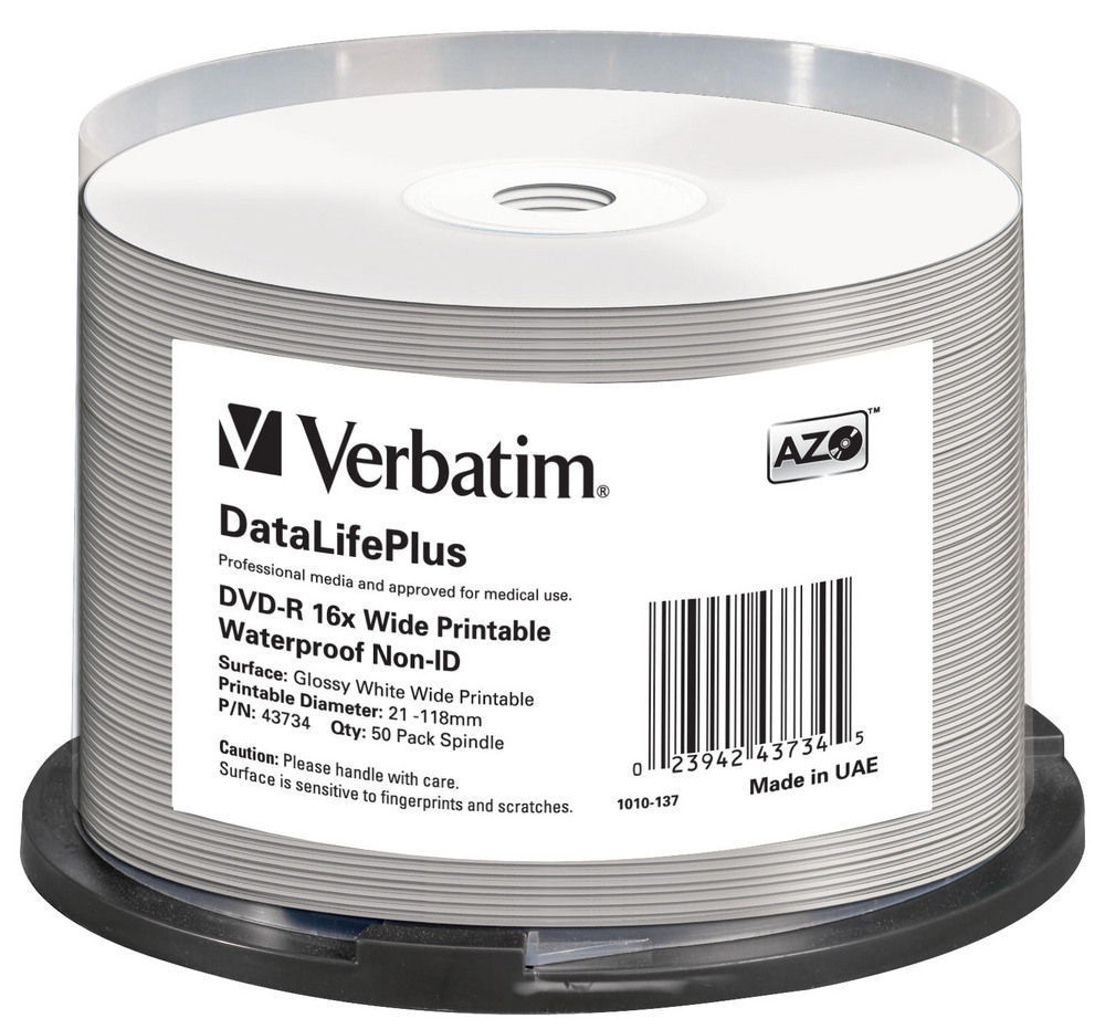 DVD-R Verbatim 4,7 GB 16x Waterproof Printable NO ID, cake 50 ks, 43734