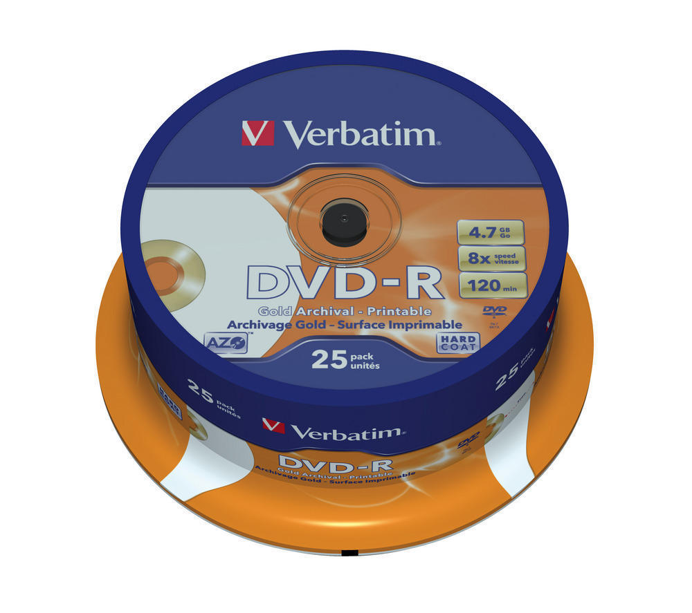 DVD-R Verbatim 4,7 GB 8x Archival Gold Printable NO ID, cake 25 ks, 43634